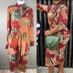 Pheobe Vintage Body Abstract Plus Size Midi Orange Green Wine Slit Dress - Sz 14